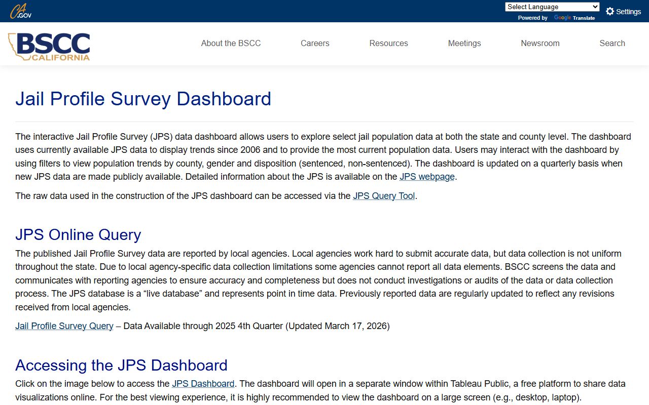 Santa Clara County inmate population BSCC jail profile dashboard