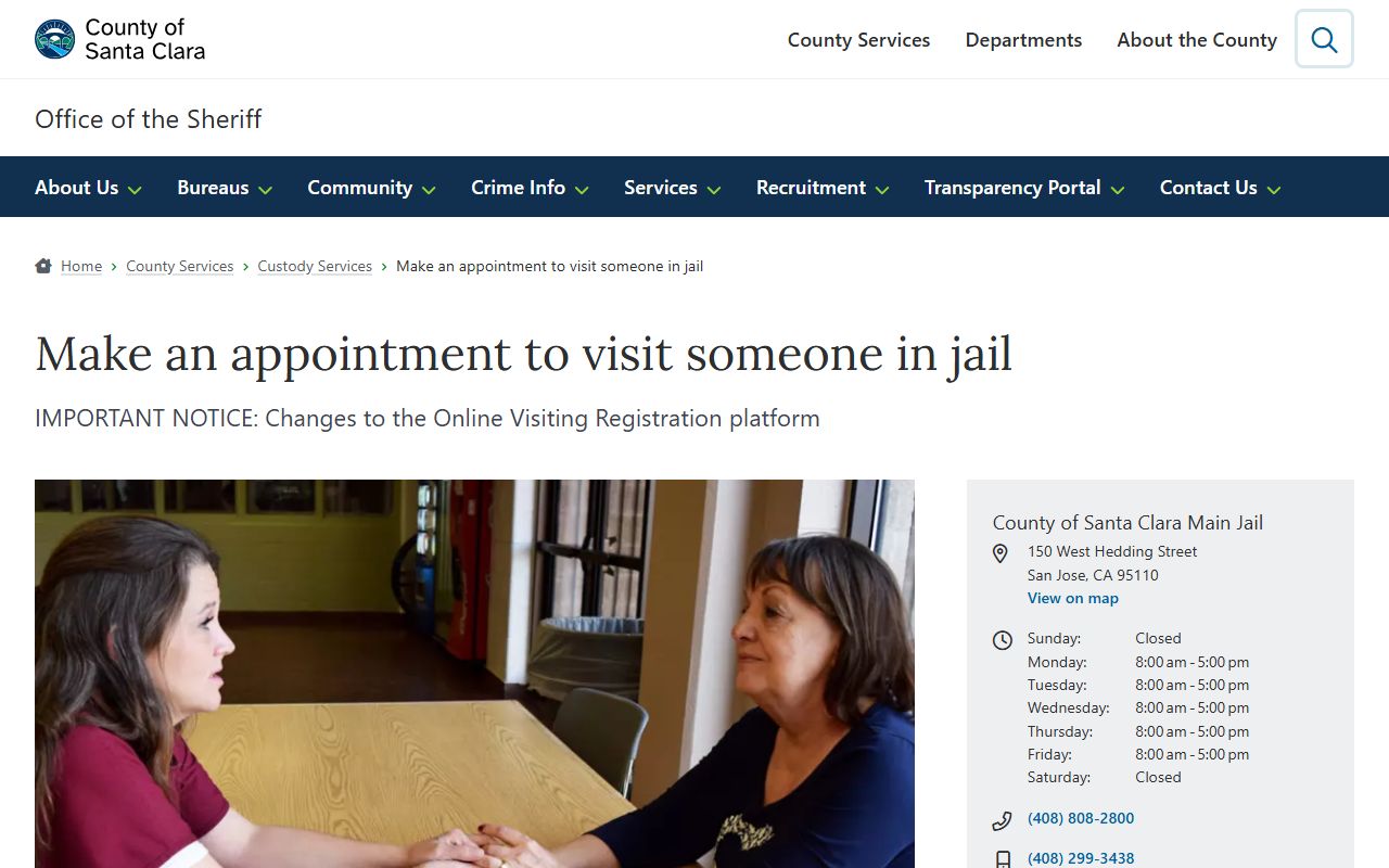 Santa Clara County inmate records visitation appointment information