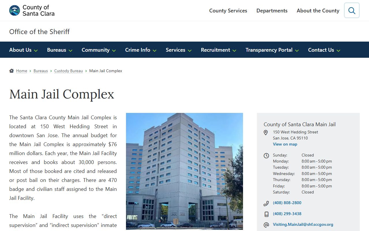 Santa Clara County Main Jail Complex inmate custody information